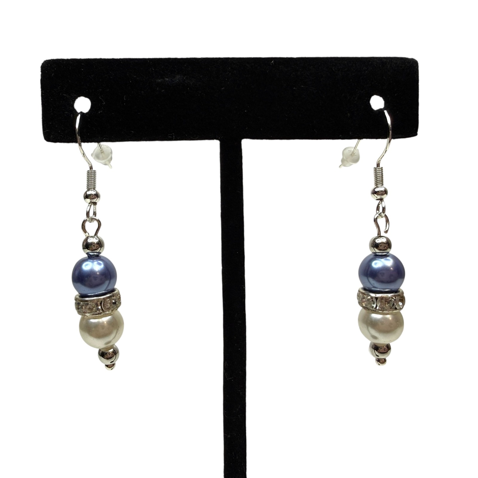 S925 Sterling Hook Faux Blue Pearl Rhinestone Dangle Drop Earrings Jewelry 2 In